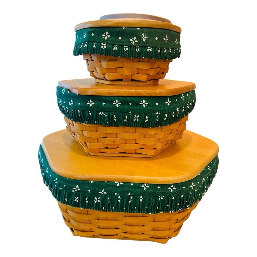 Longaberger 1998 Hexagon Nesting Basket Set of 3 Lids Liners Protectors USA